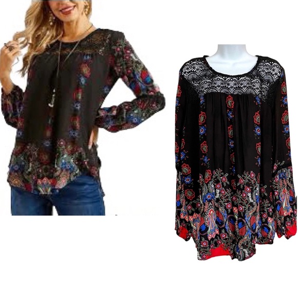 Suzanne Betro Tops - Suzanne Betro Boho Black Floral Lace Tunic Top BlouseSsize XL